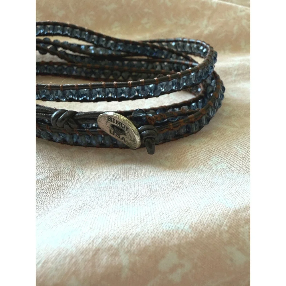 Bindy USA Beaded Leather Wrap Bracelet Smoky Blue Glass Crystal Layered Boho OS